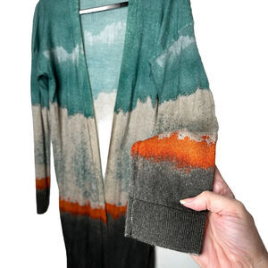 Printed Artworks Cashmere Silk Teal Tan Brown Orange Stripe Long Cardigan Small